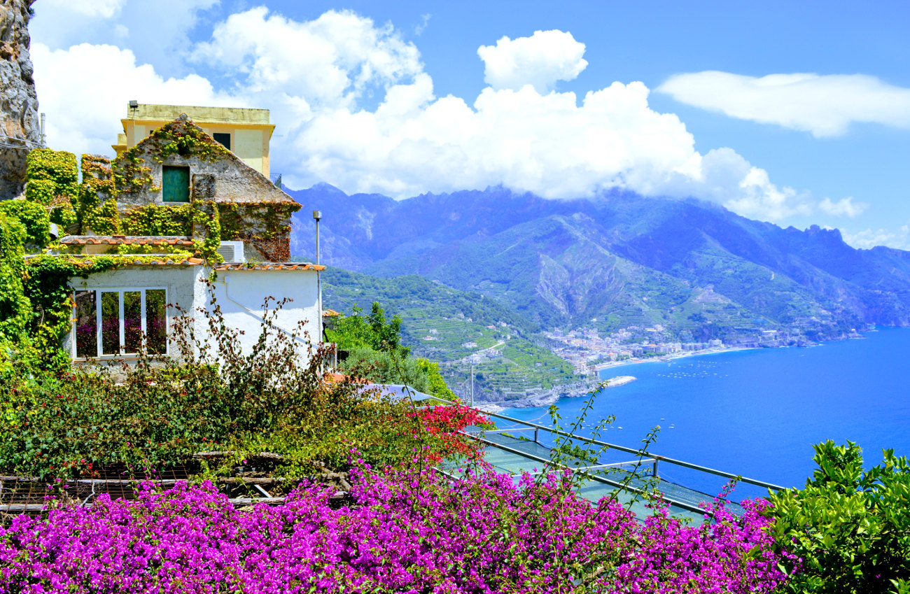 An Italian village set high above the sea on the Amalfi Coast.