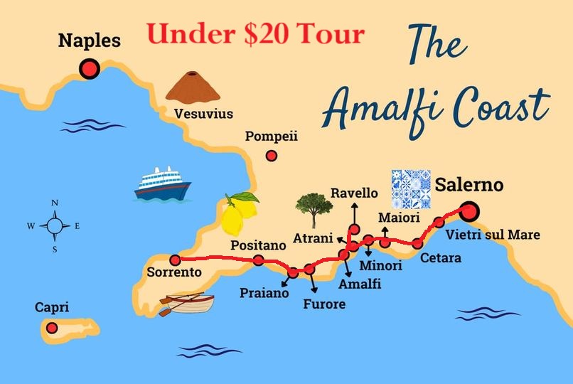 map of the Amalfi Coast attractions