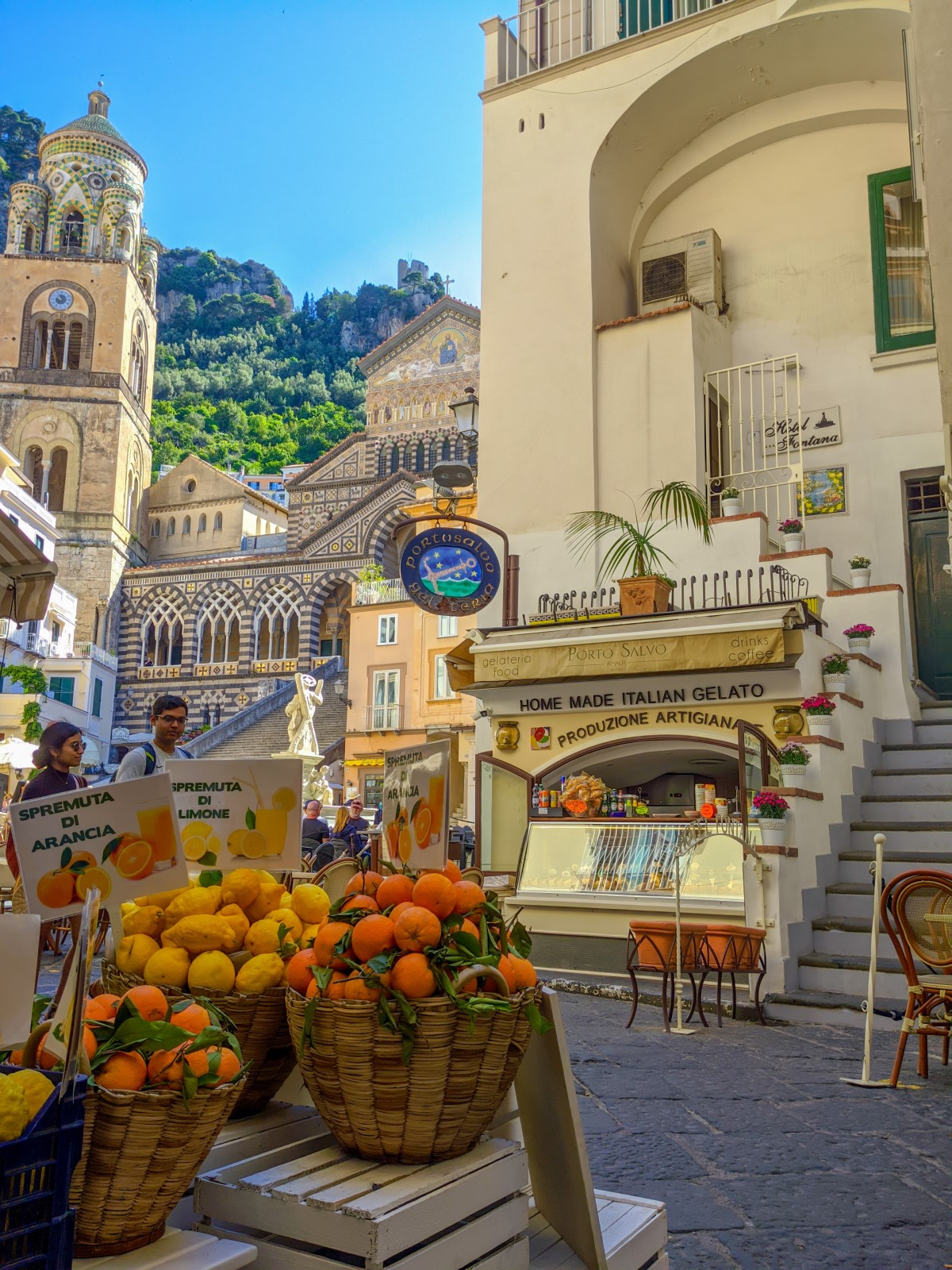 Amalfi Town piazza with oranges and the cathedral visible