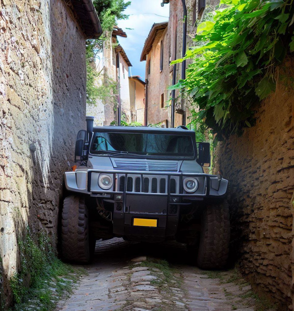 Car stuck in narrow street in Italy