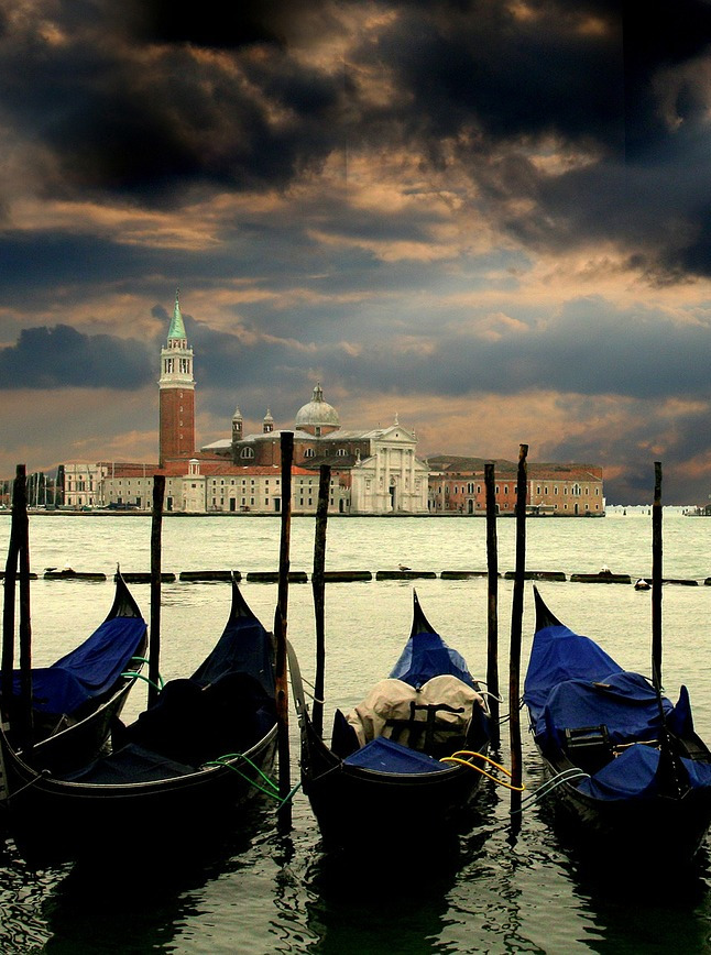 Gondolas in Venice as a storm approaches