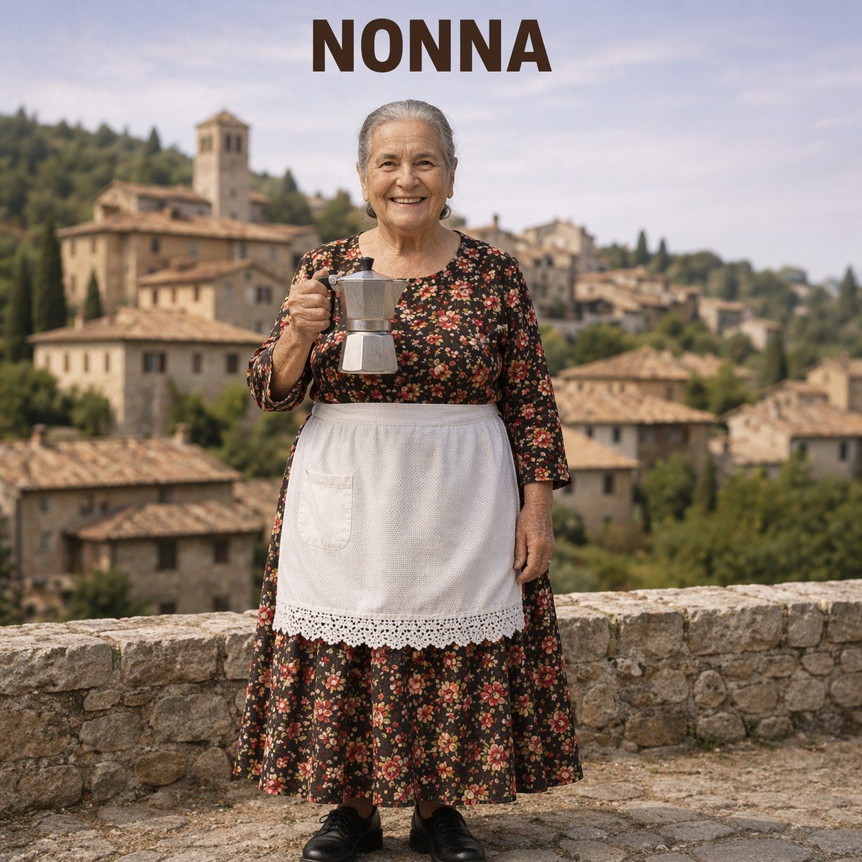 Italian nonna holding a moka pot in a Tuscan village